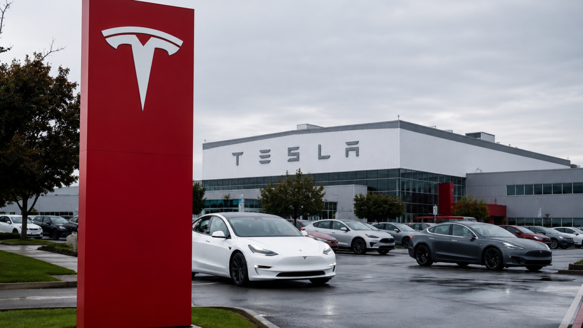 Tesla vehicles parked outside a company facility with Tesla signage